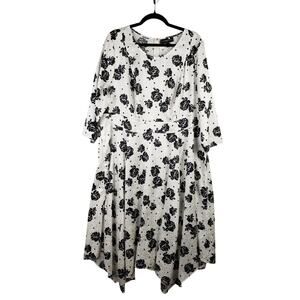 Lane Bryant Plus Size 18 Asymmetrical Hem‎ Midi Dress White Dot Black Rose Flowy
